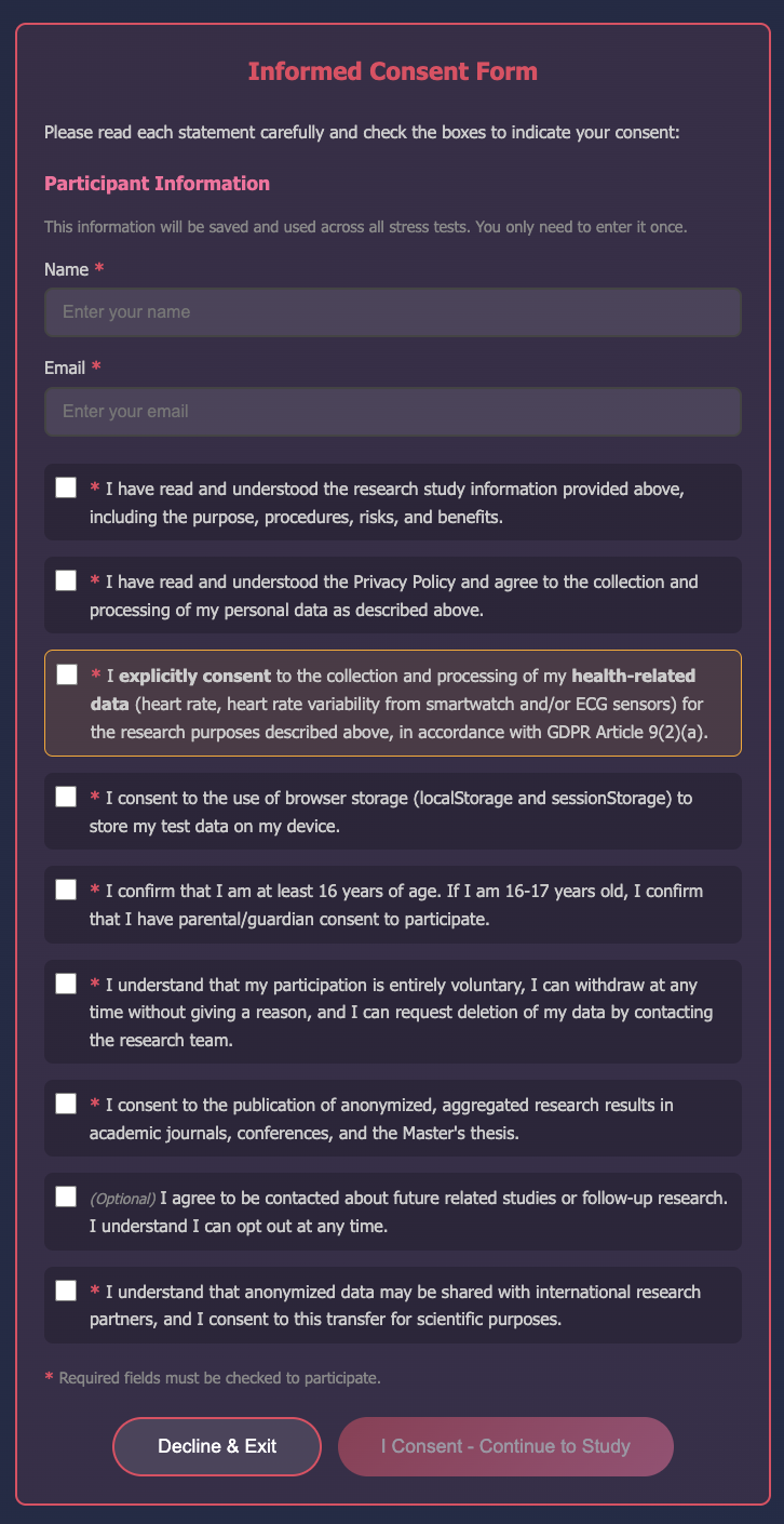 Consent screen 2 from the stress-induction platform